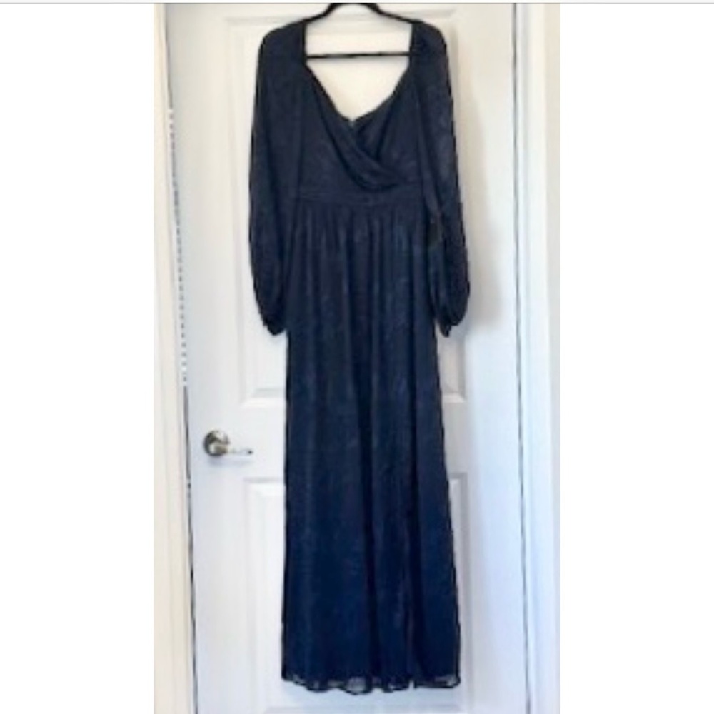 SOIEBLU Gown Elegant Navy Chiffon Surplice V Neck Balloon L/S NWT Sz M L